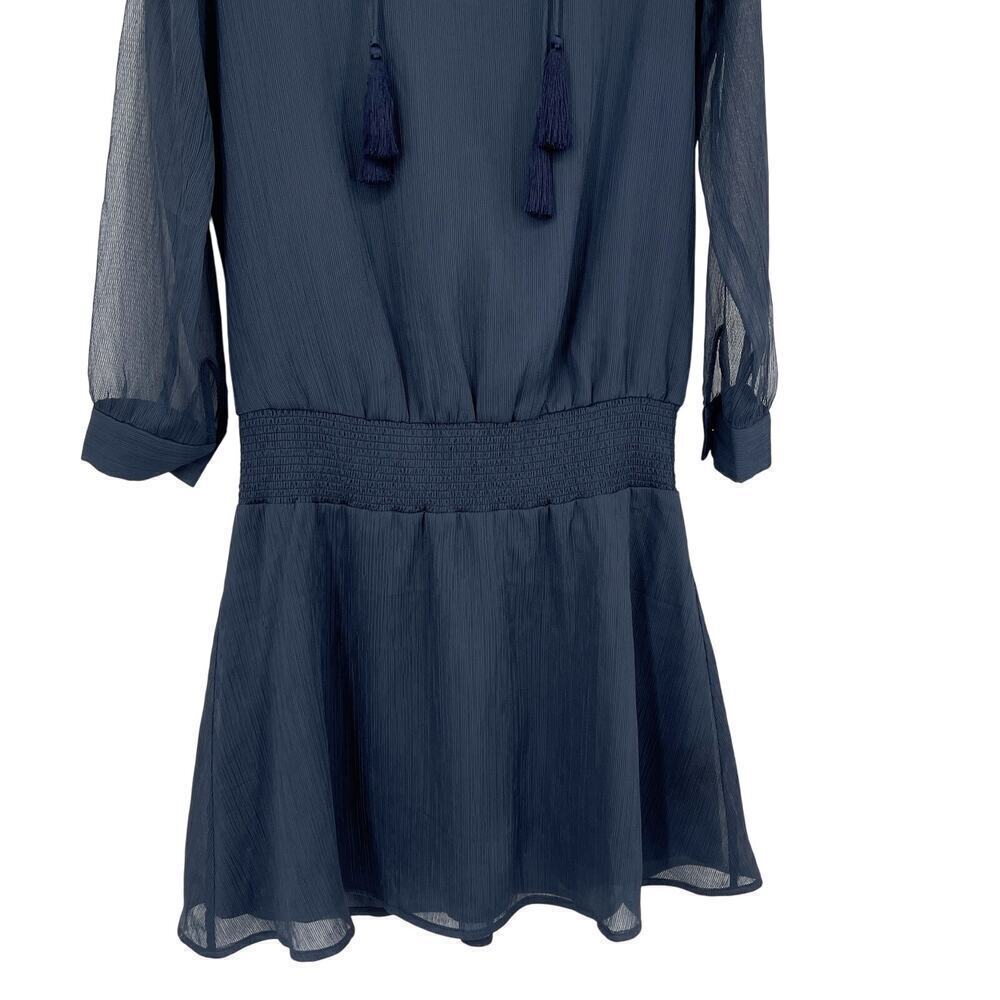 Marie Oliver Navy Blue Smocked Waist Dress With Tassels Long Sheer Sleeve Small - Picture 2 of 7